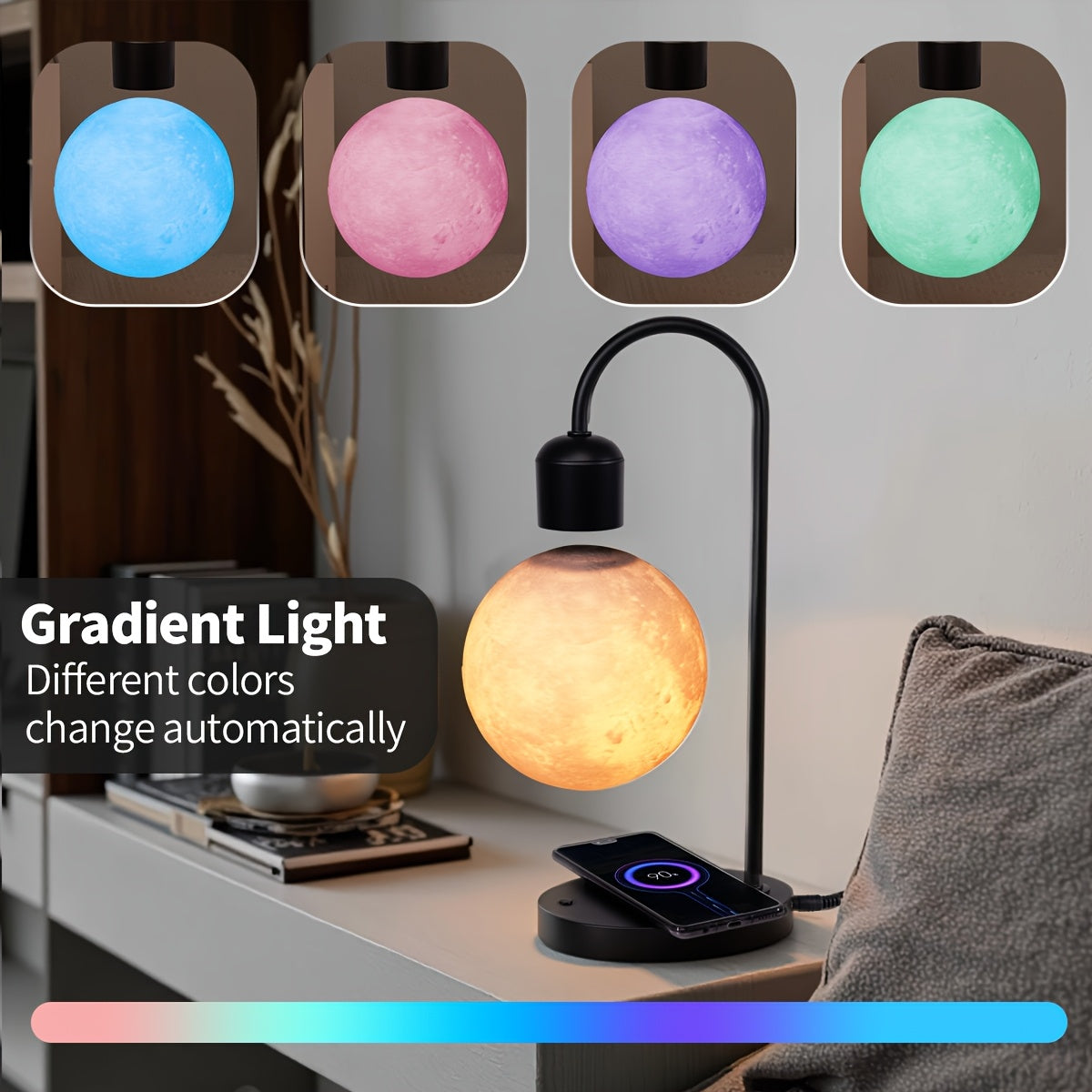 1pc Magnetic Floating Moon Lamp, Table Lamp, Desk Lamp, 15w Wireless Phone Charger, 3-color Adjustable