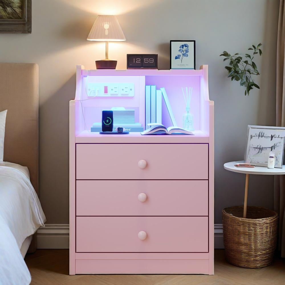 Three Drawer Pink Nightstand with Charging Station