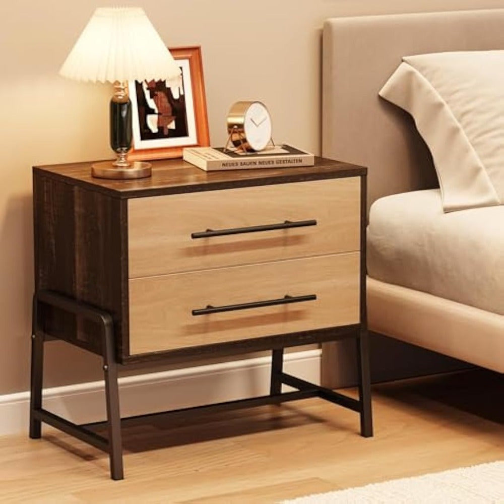 Farmhouse Nightstand with Drawer - Light Brown Bedside Table, Heavy-Duty Metal Legs, Easy Assembly