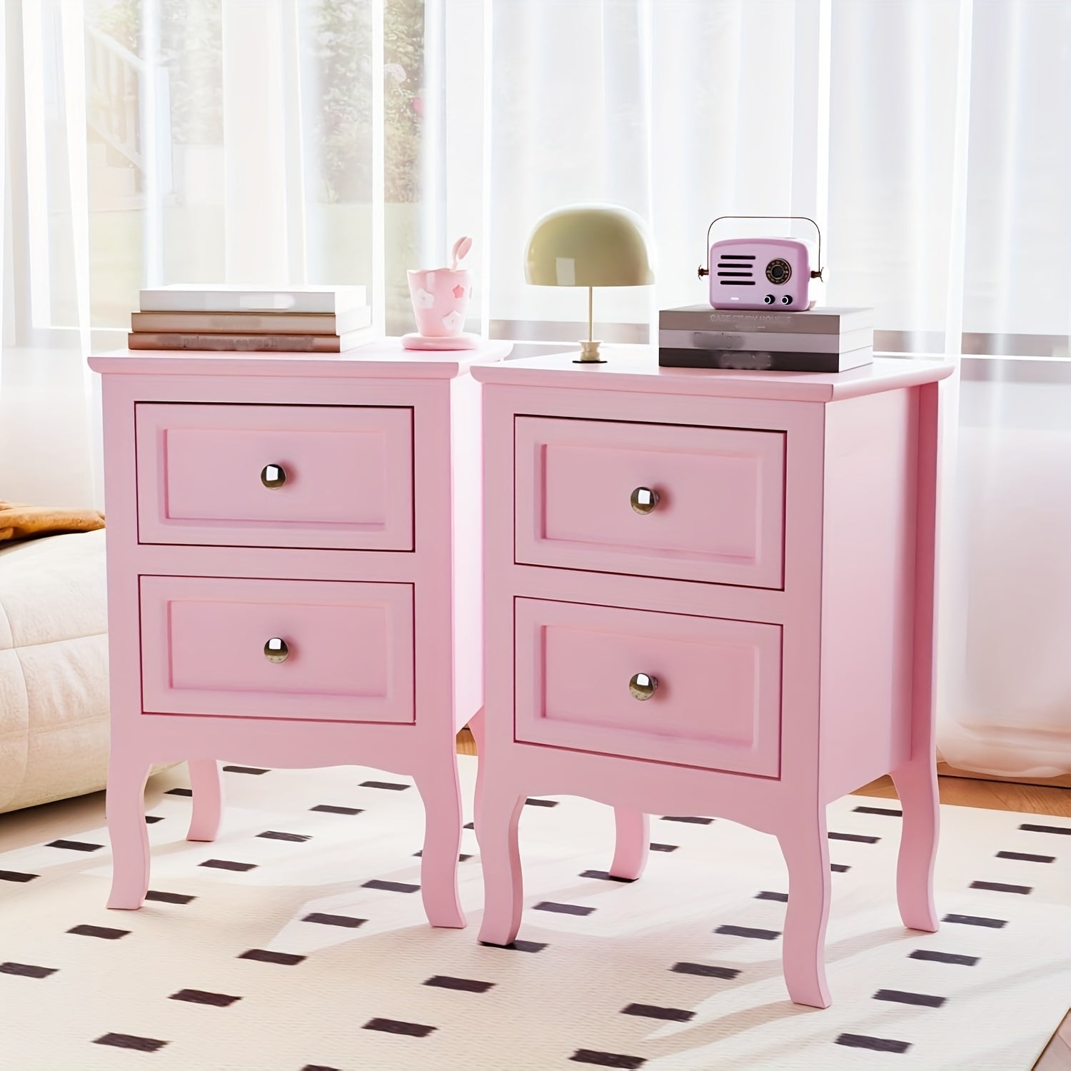 Pastoral Style Double Drawer Bedside Table White Black Blue Pink Brown Grey Color Painted Surface Density Board Cost-effective Bedroom Furn0iture Pastoral Style Double Drawer Bedside Table Suitable for A Variety Of Scenarios