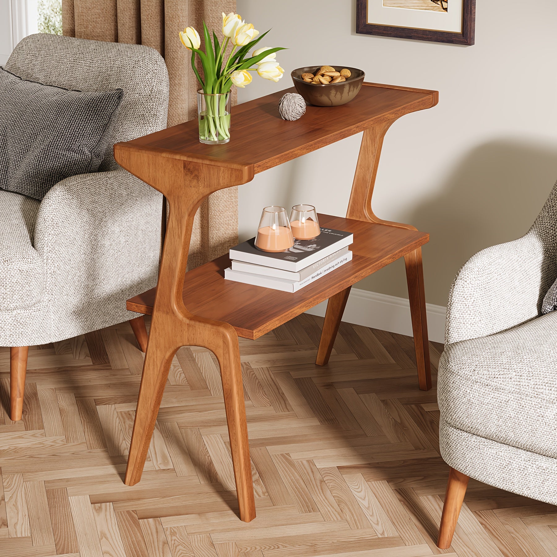 Modern Farmhouse End Table Modern Farmhouse 2-Tier End Table with Wood Legs and Storage Shelf - Narrow Long Bedside Table for Bedroom