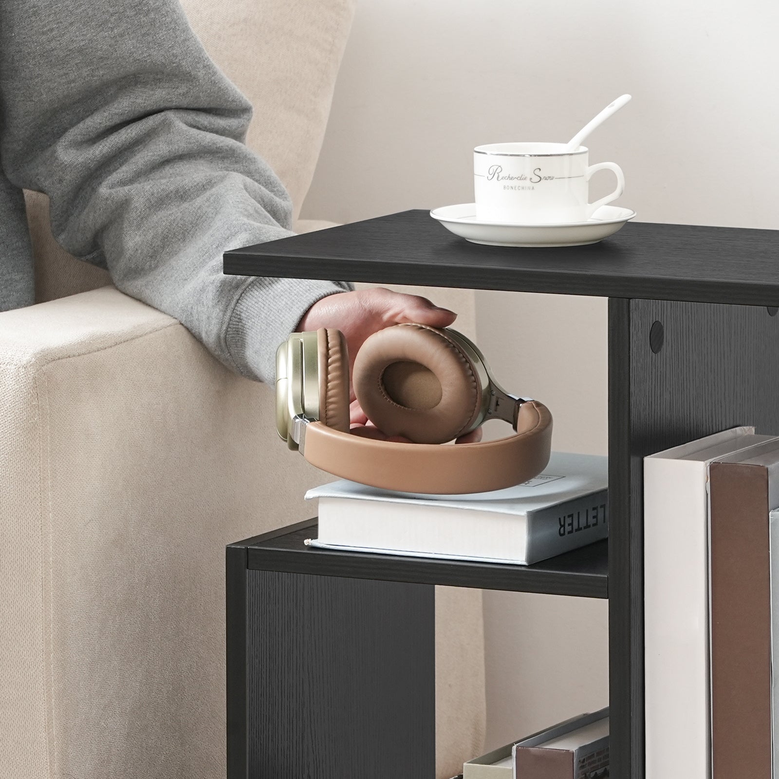 Special Shaped Side Table with Charging Station, with USB Ports and Outlets, Bedside Tables with Storage Shelf for Living Room