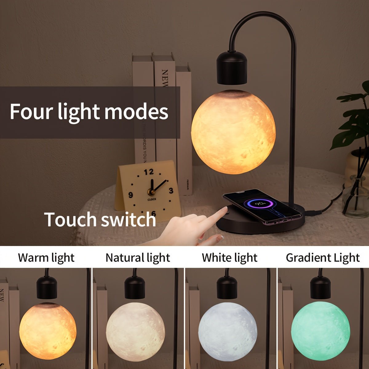 1pc Magnetic Floating Moon Lamp, Table Lamp, Desk Lamp, 15w Wireless Phone Charger, 3-color Adjustable