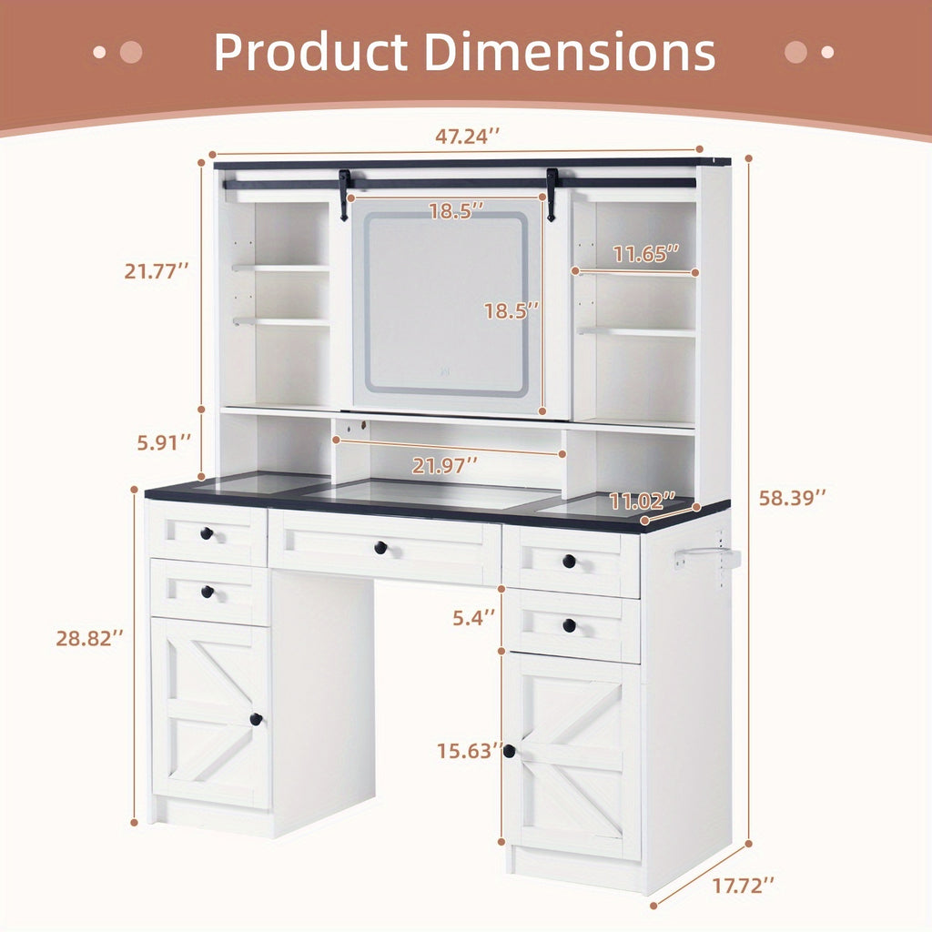 Oneinmil Vanity Table with LED Lights & Mirror - White Makeup Desk with Storage Drawers, Side Bag