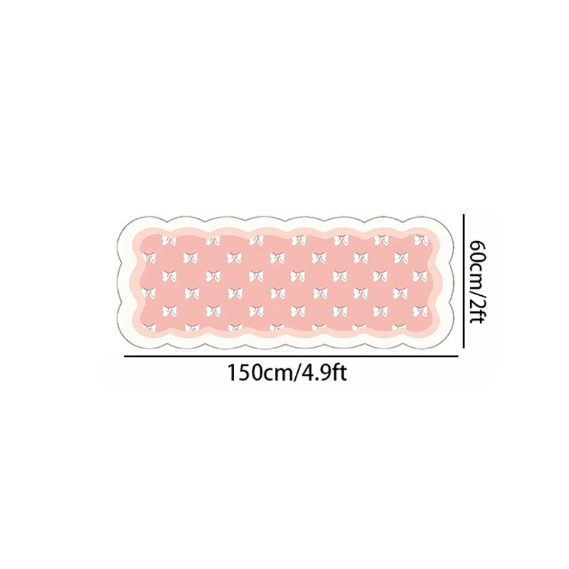 1pc Extra Long Soft Plush Mat - Pastel Pink Floor Mat with Bow Accent, Large Irregular Shape Bedside Mat for Bedroom, Living Room