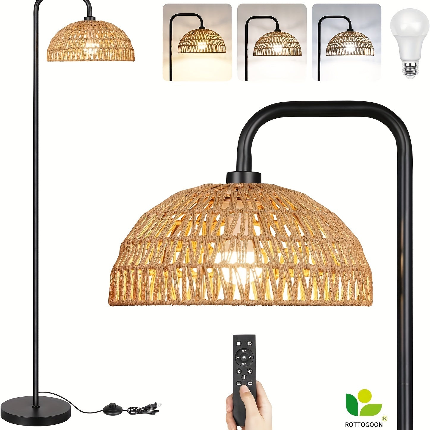 Rattan Floor Lamp, 68'Standing Lamp for Living Room with 3 Color Temperatures Adjustable Tall Reading Lamp for Bedroom Office