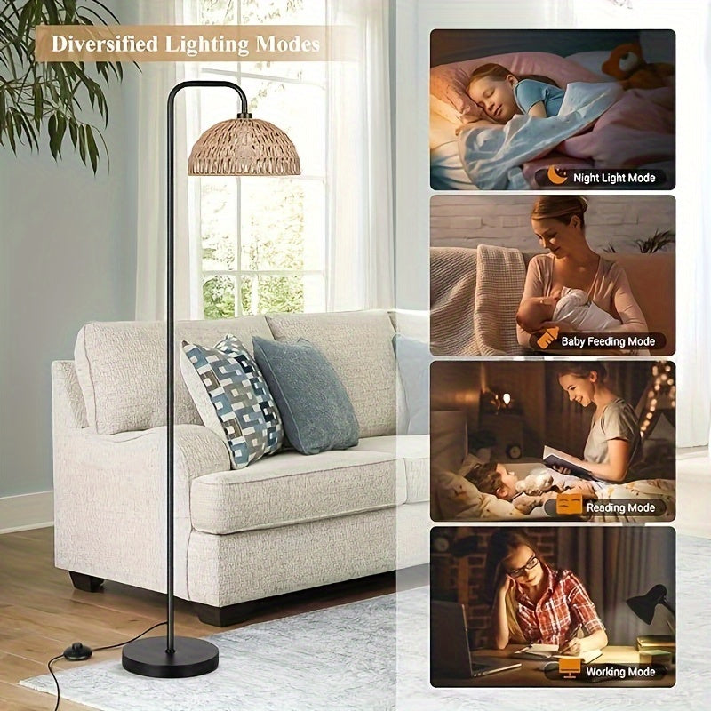 Rattan Floor Lamp, 68'Standing Lamp for Living Room with 3 Color Temperatures Adjustable Tall Reading Lamp for Bedroom Office