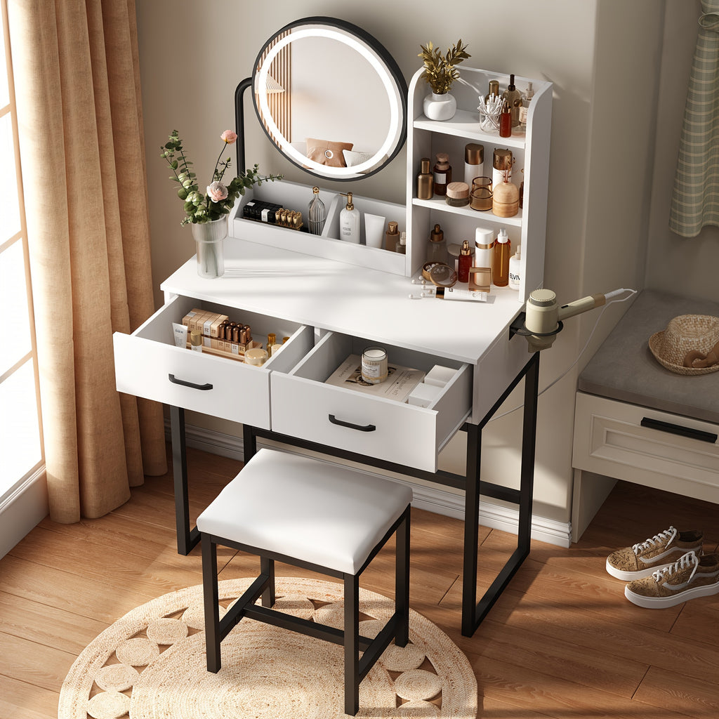 Vanity Desk with Mirror And Lights, Makeup Vanity Table Set with Storage Stool & Charging Station