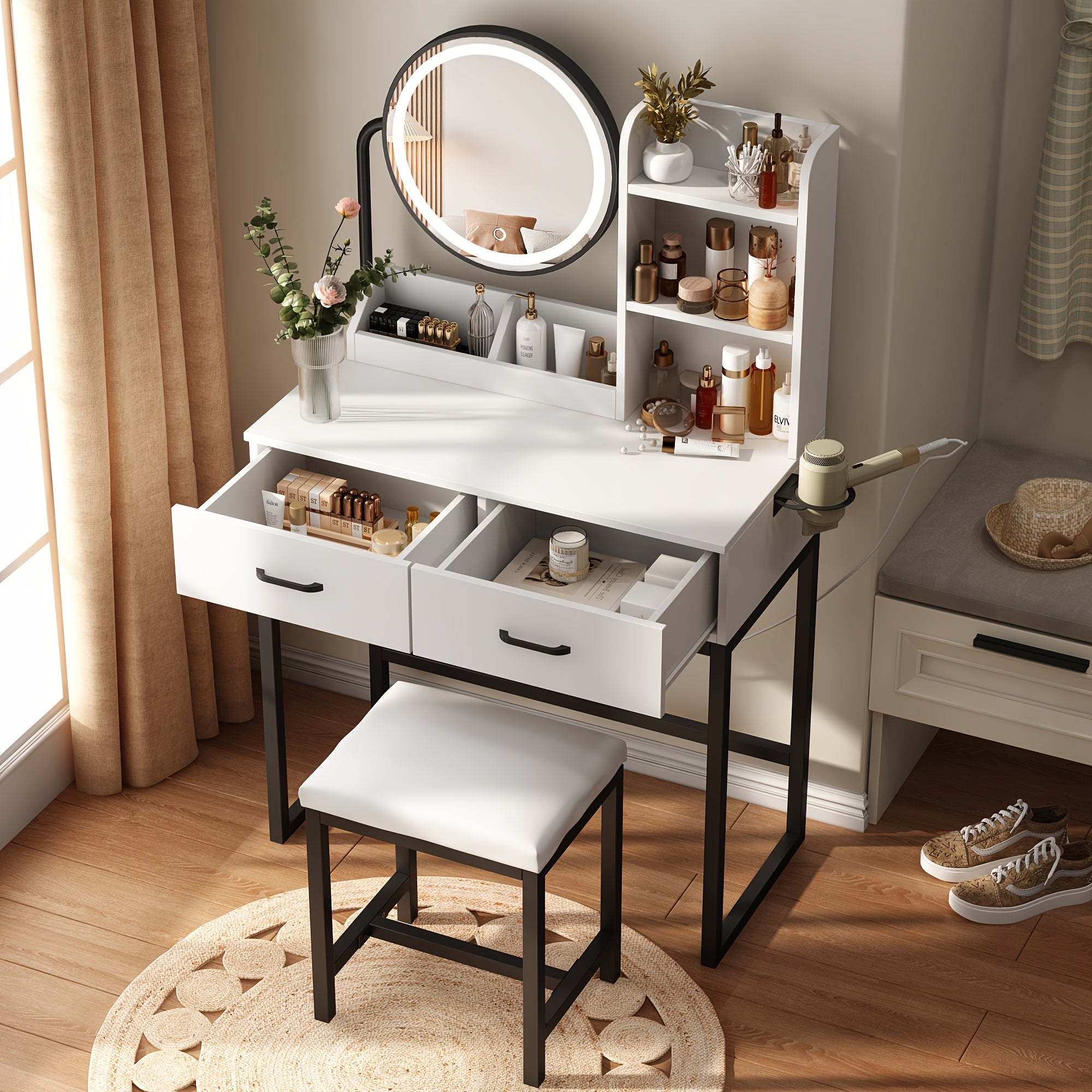 Vanity Desk with Mirror And Lights, Makeup Vanity Table Set with Storage Stool & Charging Station
