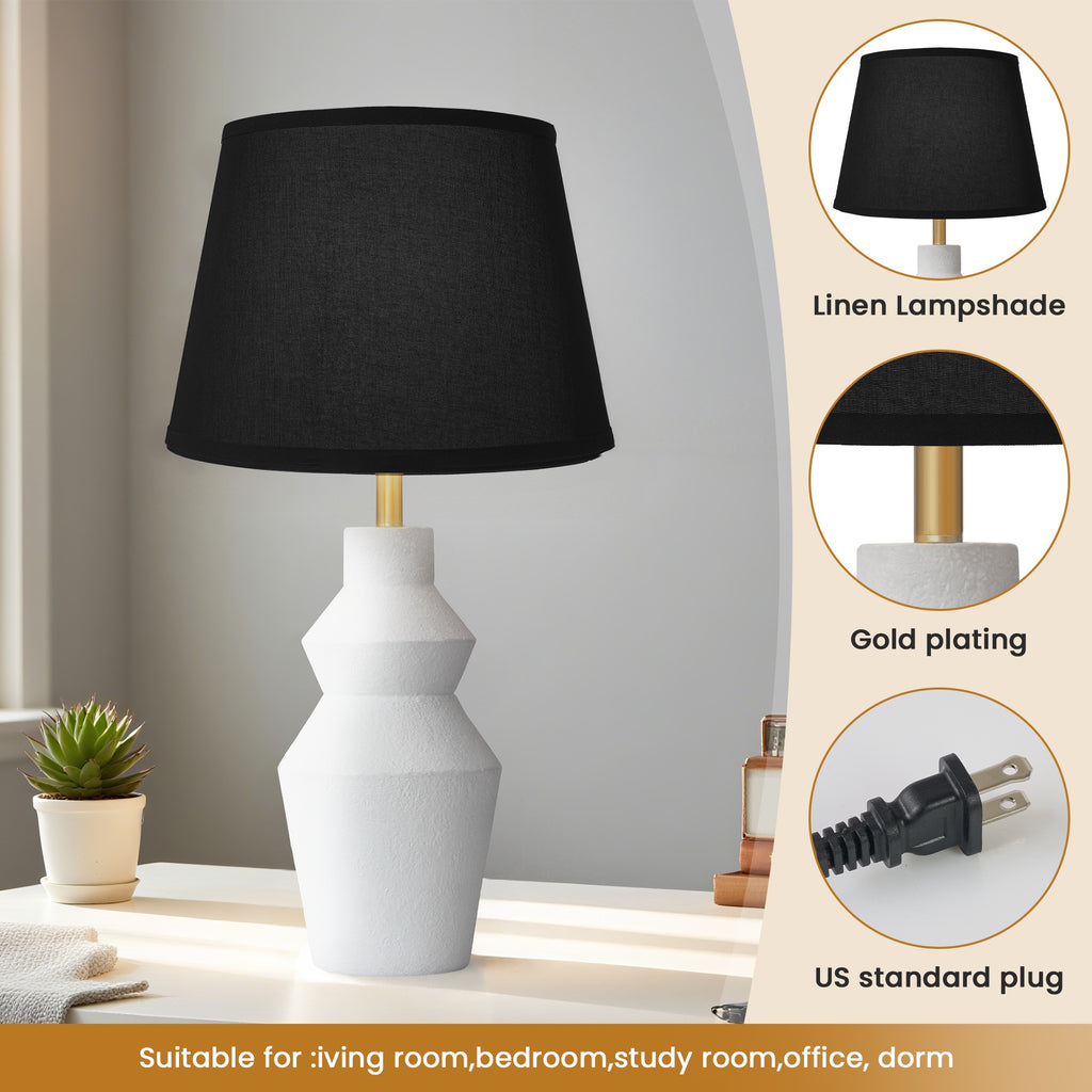 Modern Farmhouse Table Lamp with White Cement Base & Black Linen Shade - Rustic Single Bedside Lamp with Switch