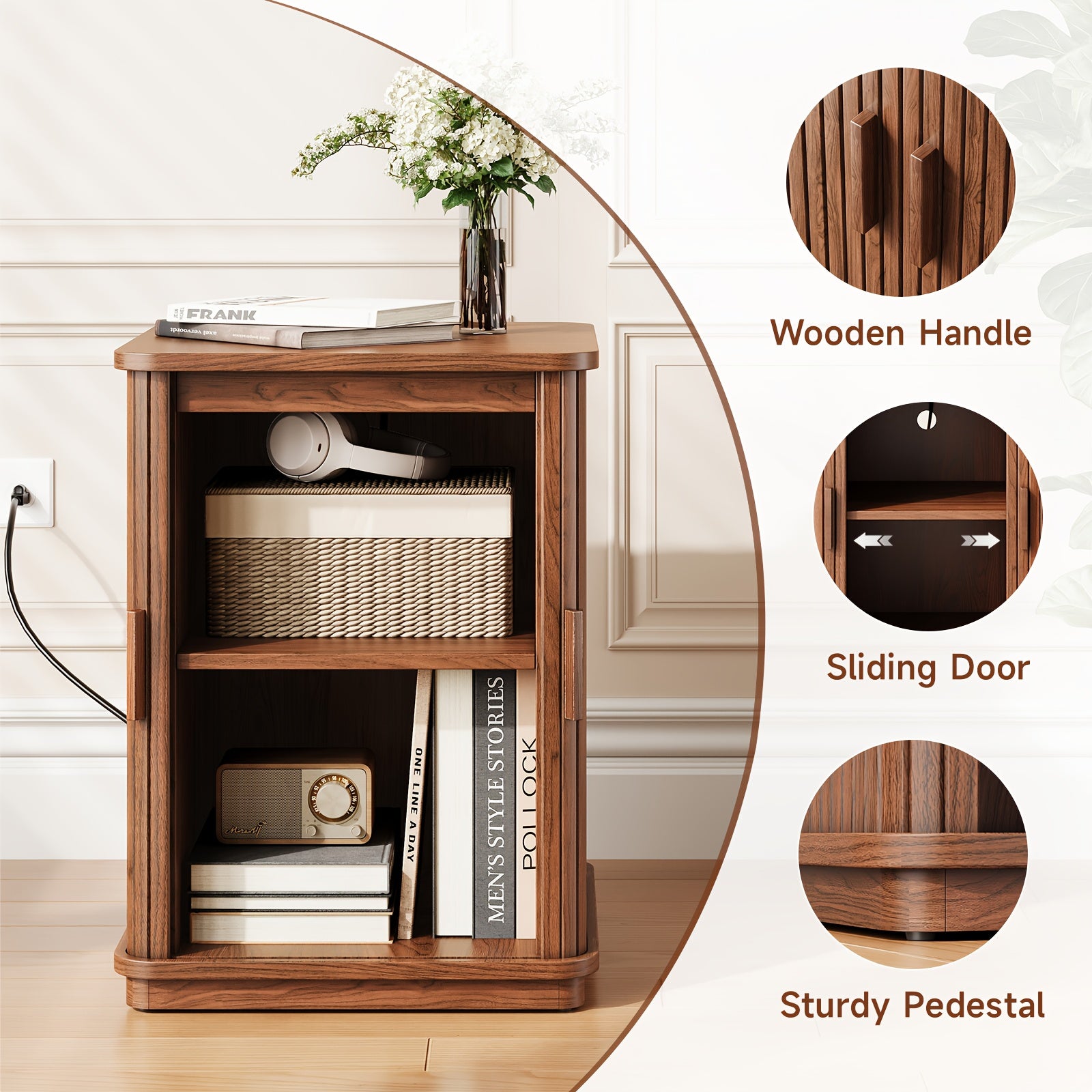 Square End Table with Storage And Charging Station, Side Table with Sliding Door And Sturdy Pedestal