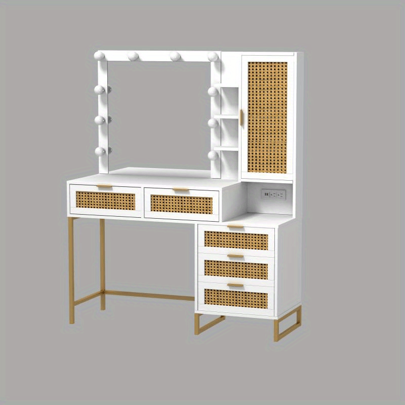 Contemporary White Dressing Table with Mirror, Light, and Multi-Function Socket - Particleboard