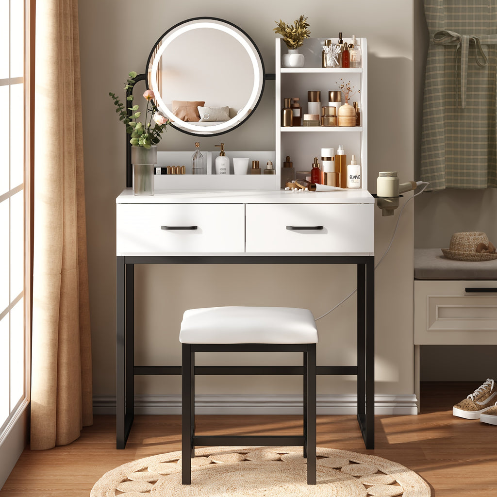 Vanity Desk with Mirror And Lights, Makeup Vanity Table Set with Storage Stool & Charging Station