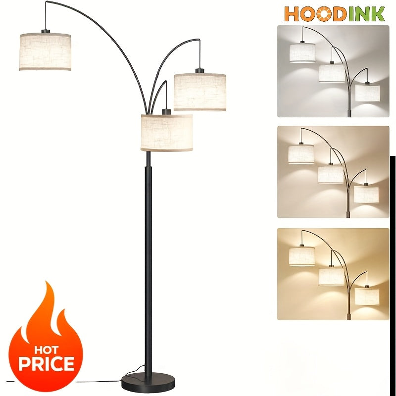 3-Light Modern LED Floor Lamp with Adjustable Arc Arms & Hanging Drum Shades - Black Metal Standing Light