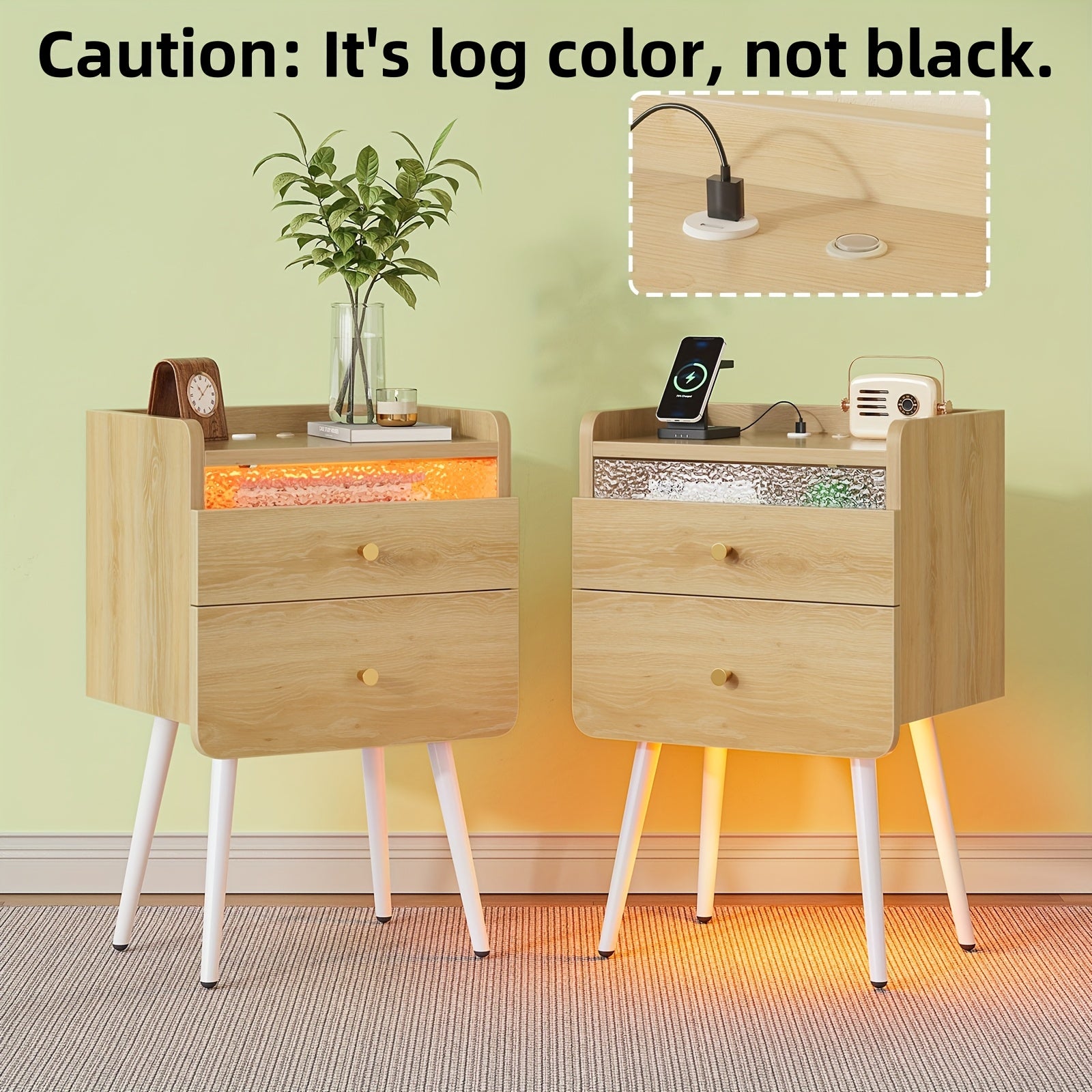 Pinmoco Set of 2 Nightstands with USB Charging Ports, Modern High Gloss Night Stand with LED Lights