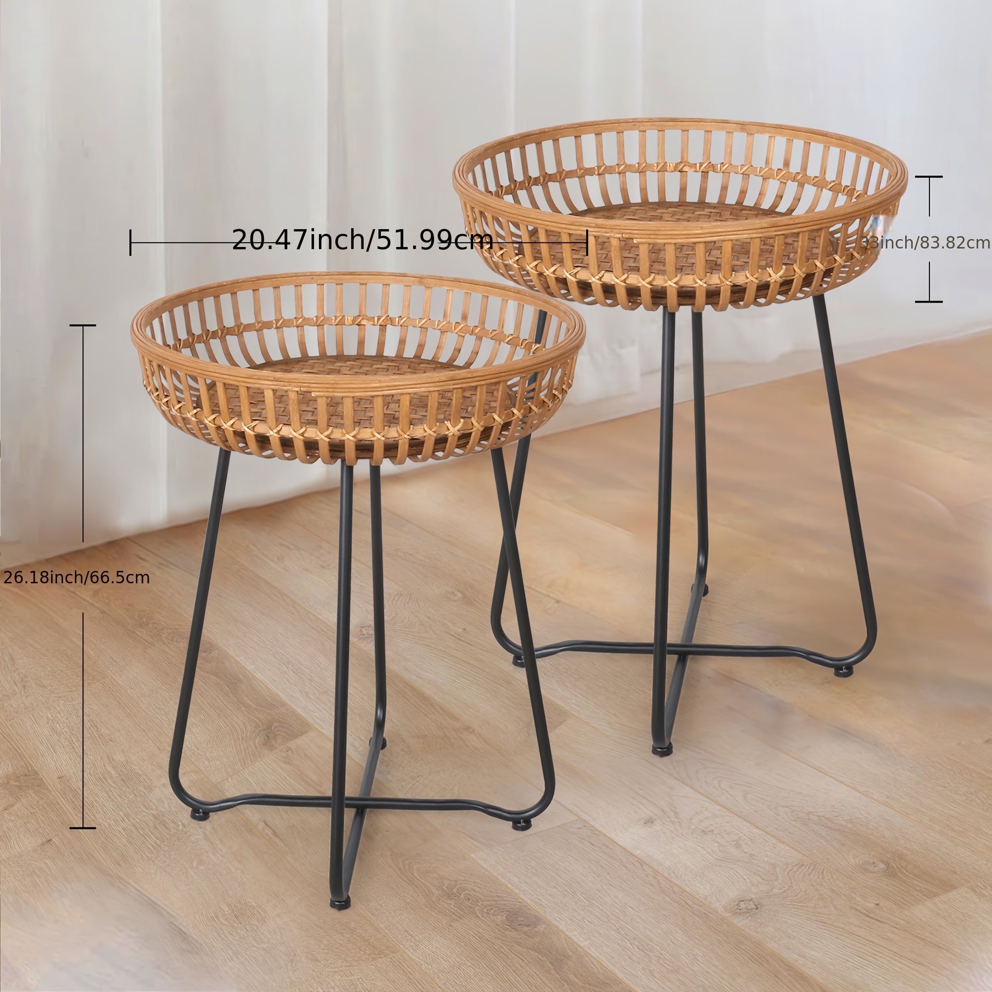 Oakrian Rattan Side Table Nesting Tables Set Of 2, Bamboo Round Table Coffee Table Metal Base End Table for Boho Living Room