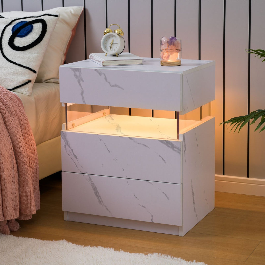 Modern LED Bedside Table with 2 Drawers - White Wooden Nightstand, 3.2+ Cubic Feet Storage, 27\