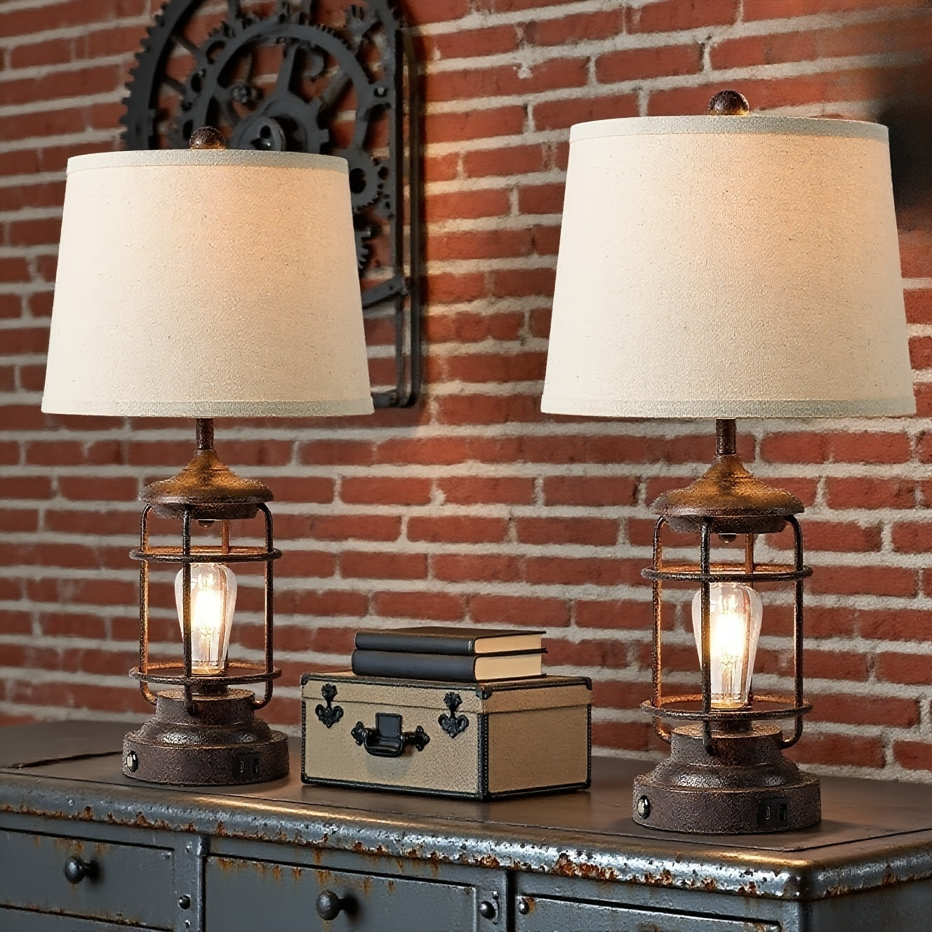 2 Set Farmhouse Table Lamps with 4 LED Bulbs, 9W Bright Rotary Switch Top Light + Touch Contorl 3 Way Dimmable Bird Cage Nightstand Light