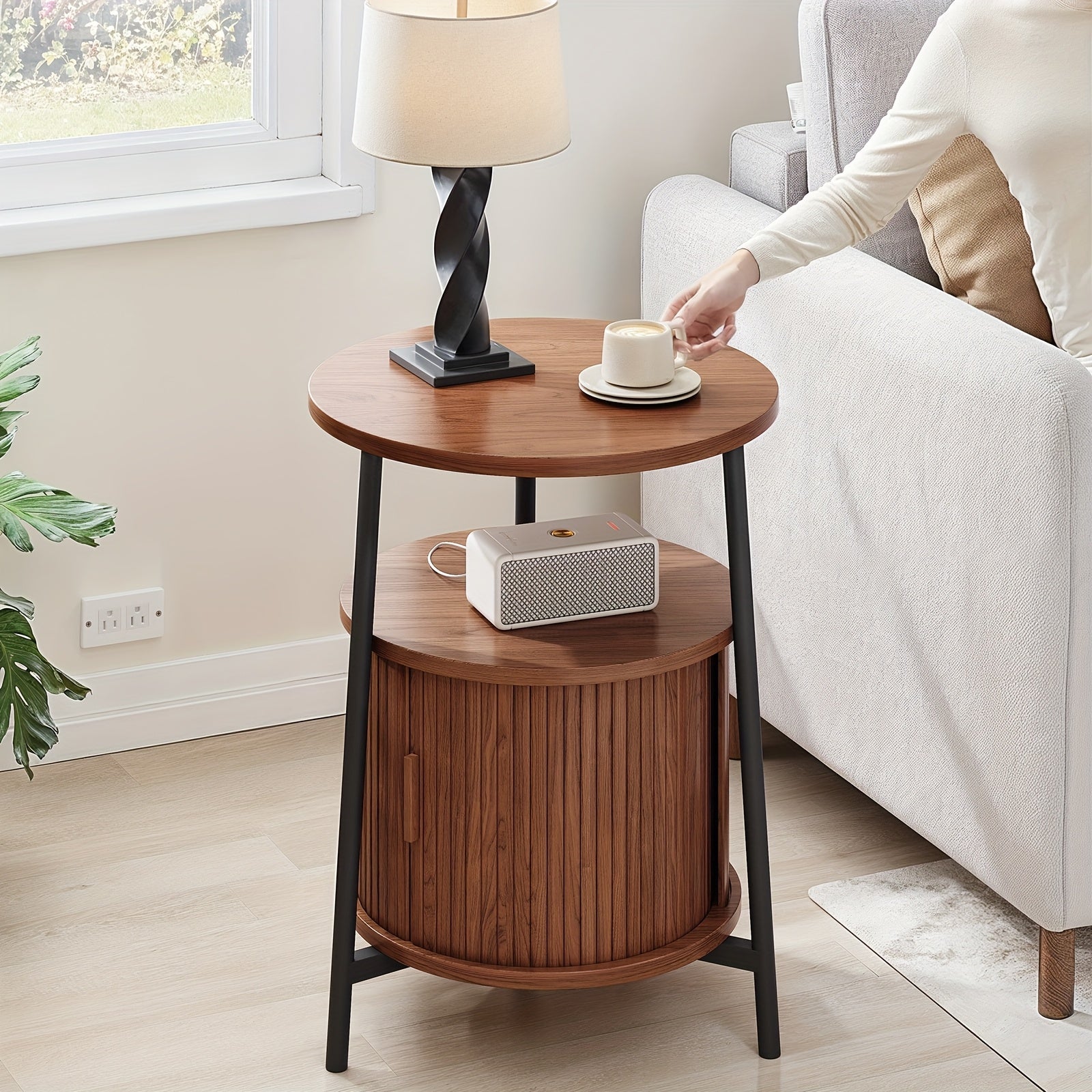 Walnut-like Finish Mid-Century Modern Round Side Table with Charging Station - Bedside Table