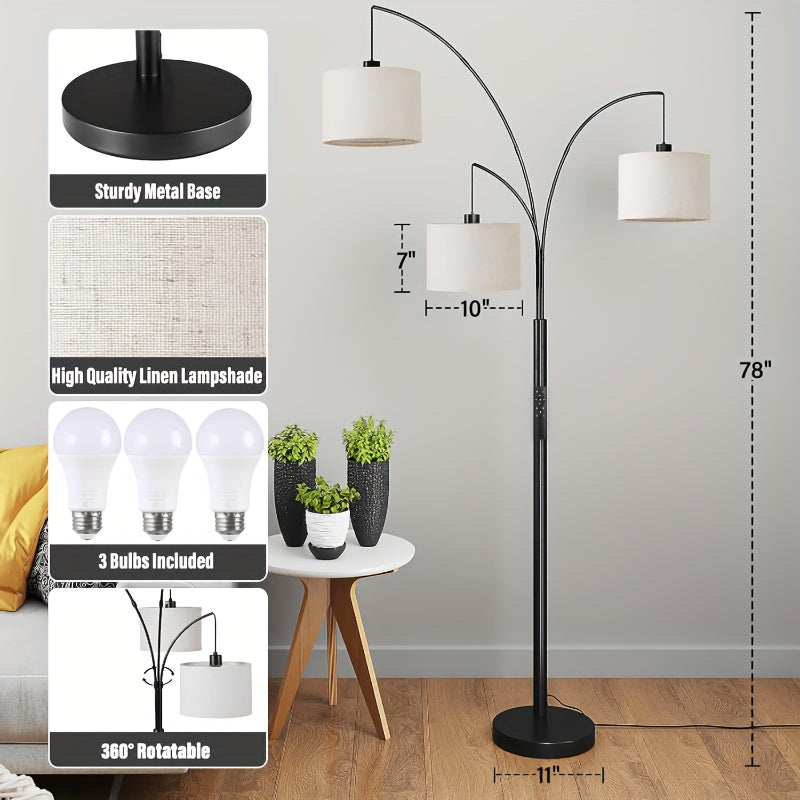 3-Light Modern LED Floor Lamp with Adjustable Arc Arms & Hanging Drum Shades - Black Metal Standing Light