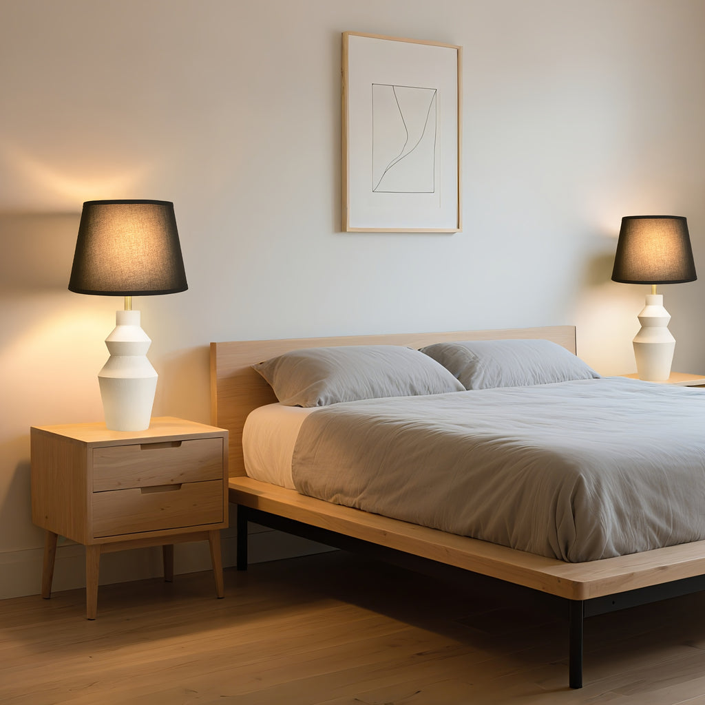 Modern Farmhouse Table Lamp with White Cement Base & Black Linen Shade - Rustic Single Bedside Lamp with Switch