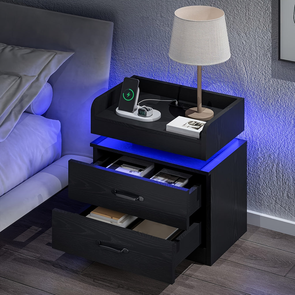 Black Nightstand with Charging Station, Night Stand with LED Lights, Modern LED End Table Nightstand for Bedroom