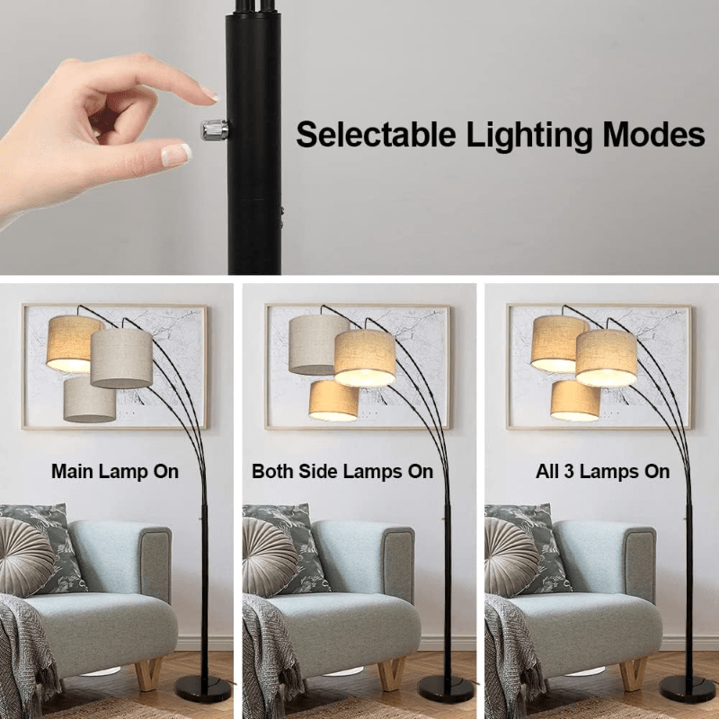 3-Light Modern LED Floor Lamp with Adjustable Arc Arms & Hanging Drum Shades - Black Metal Standing Light