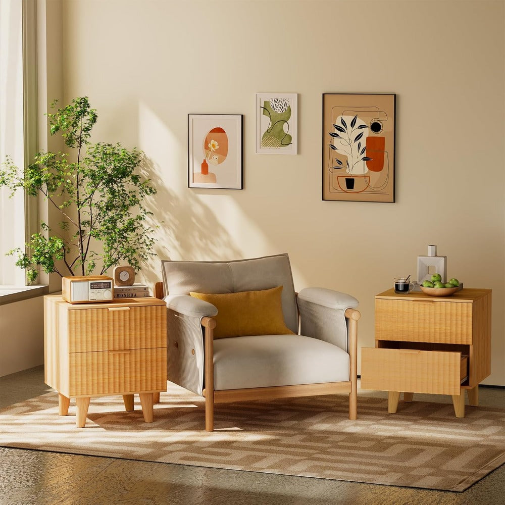 Urban Deco Fluted Nightstands Set 2, Mid Century Modern Nightstand, Wooden End Table with 2 Fluted Drawers & Storage for Bedroom