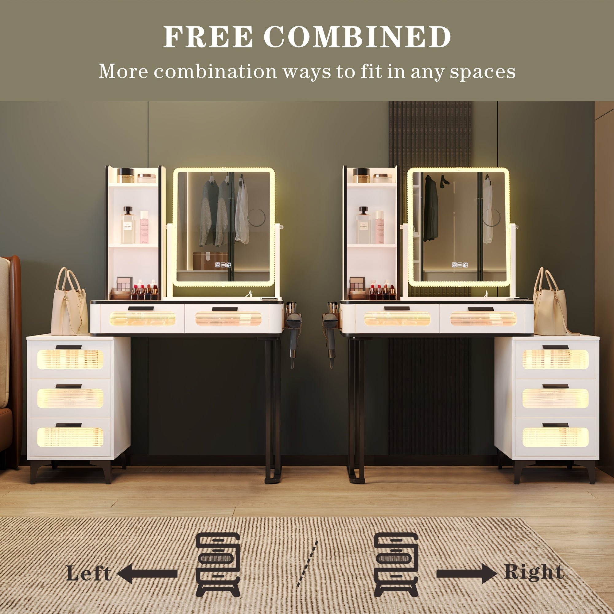 Grey Vanity Desk With Mirror & Lights, Glam Glass Top Makeup Desk With Hidden&Open Storage Shelves