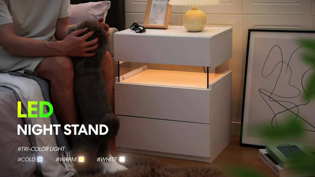 Modern LED Bedside Table with 2 Drawers - White Wooden Nightstand, 3.2+ Cubic Feet Storage, 27\