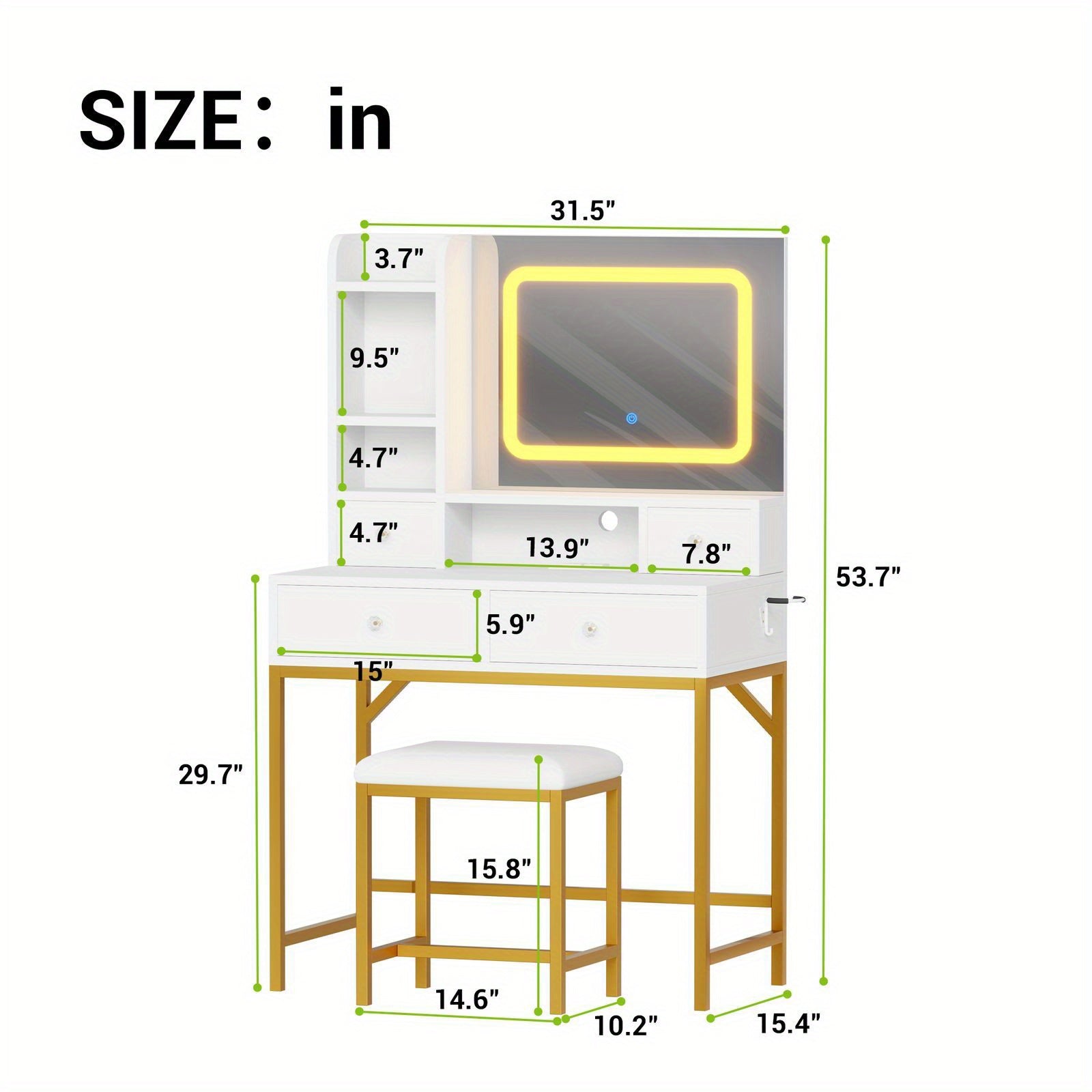 Elegant Modern Vanity Desk and Stool Set with Illuminated Mirror & Built-in Charging Station - White & Golden Dressing Table with Spacious Drawers