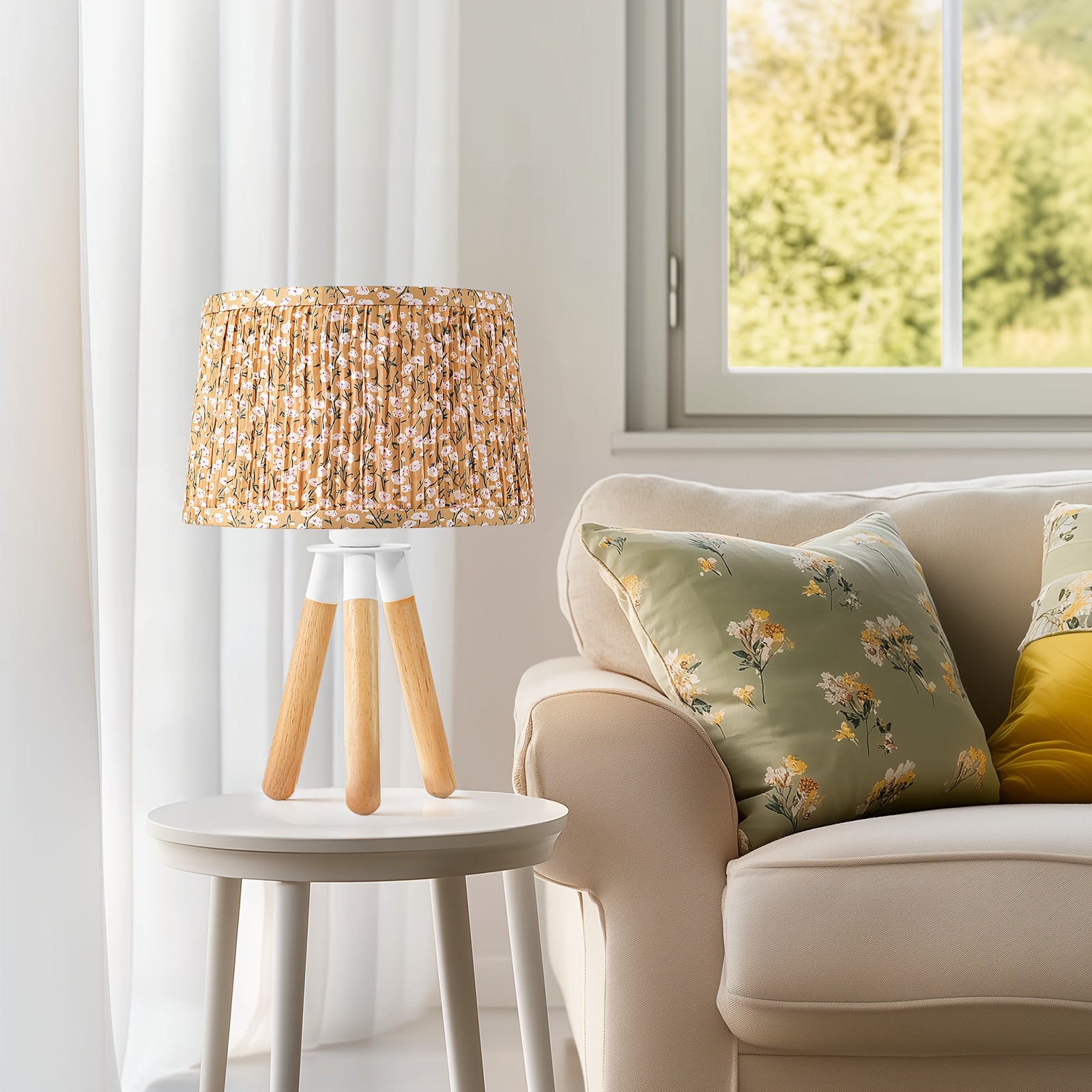 14 Inch Wooden Tripod Table Lamp with Green Ditsy Floral Shade - Cute Boho Nightstand Lamp for Girls Bedroom