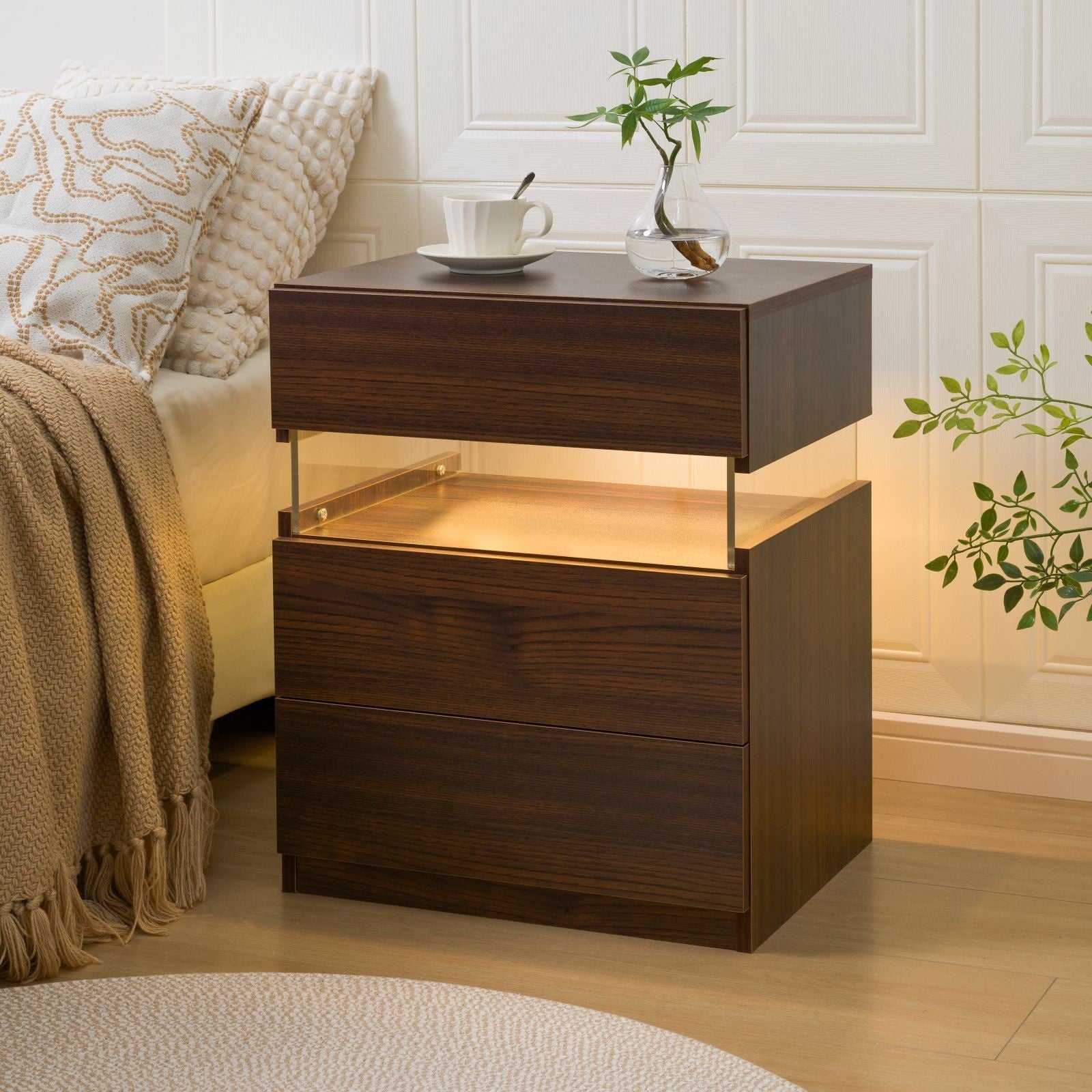 Modern LED Bedside Table with 2 Drawers - White Wooden Nightstand, 3.2+ Cubic Feet Storage, 27\