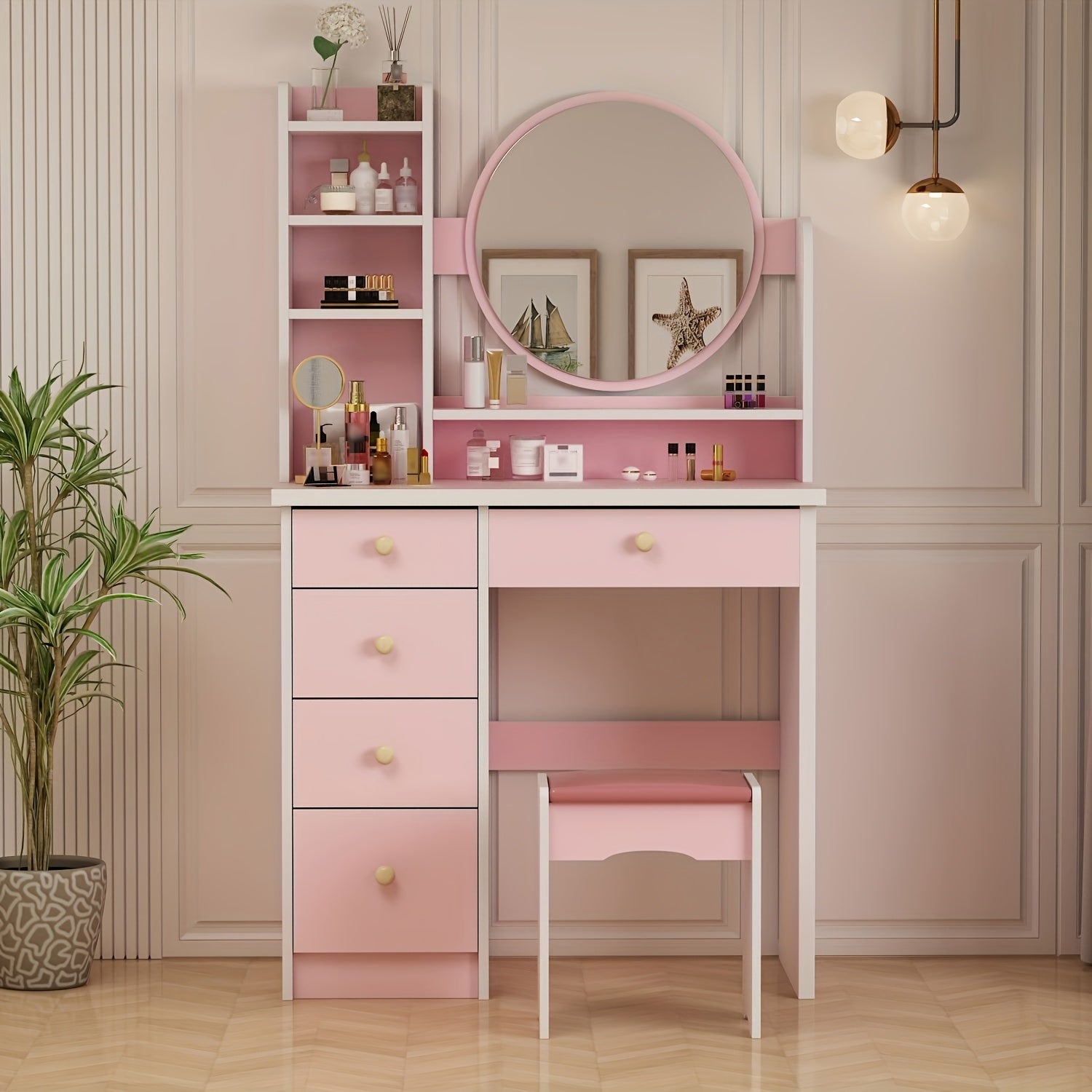 Elegant Makeup Vanity Modern Elegant Makeup Vanity with 5 Drawers | Round Mirror, Stool & Open Storage Shelves - Bedroom Dressing Table