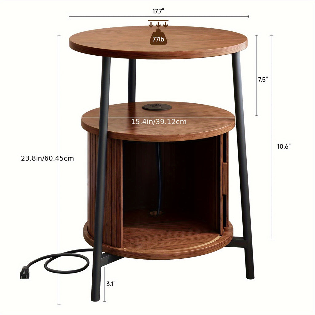 Walnut-like Finish Mid-Century Modern Round Side Table with Charging Station - Bedside Table