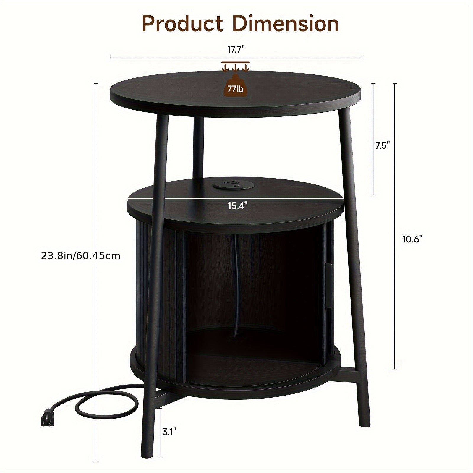 Walnut-like Finish Mid-Century Modern Round Side Table with Charging Station - Bedside Table