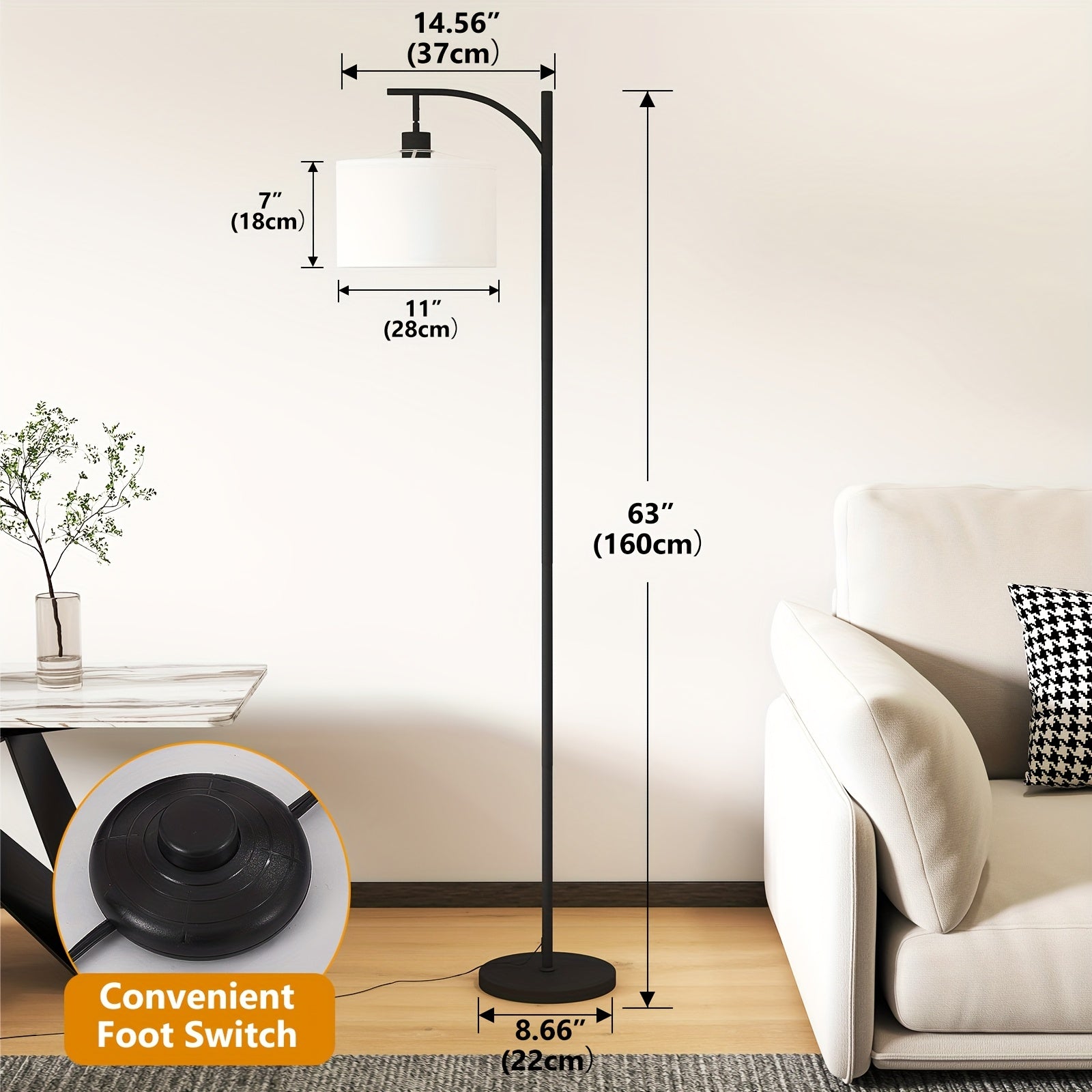 Modern Industrial Floor Lamp With Foot Wwitch - Polished Metal, Includes Beige Shade For Living Room