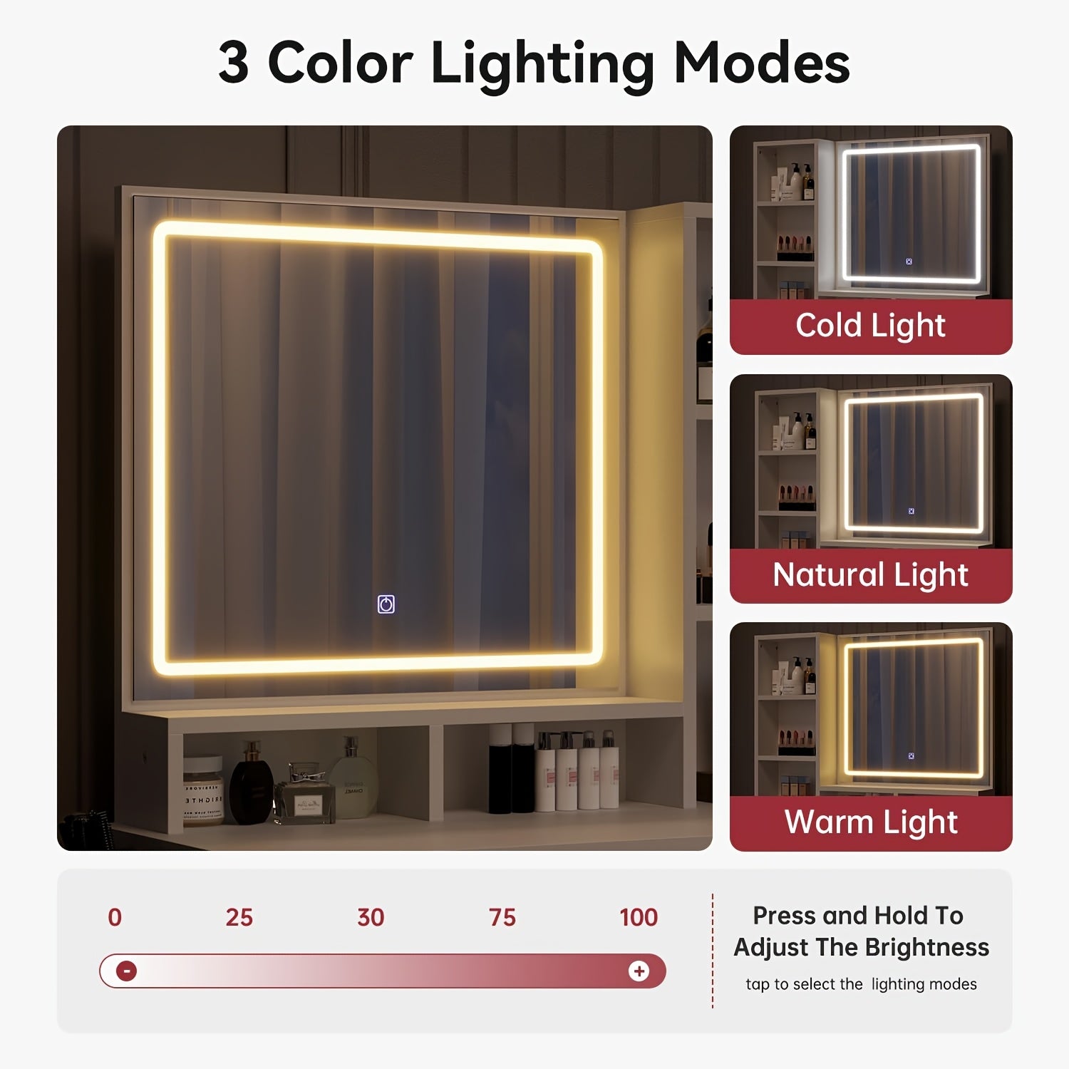 Oneinmil Vanity Table with LED Lights & Mirror - White Makeup Desk with Storage Drawers, Side Bag