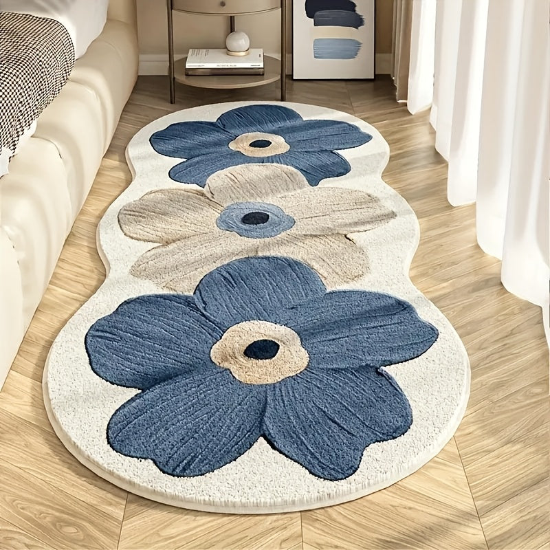 Luxury Soft Plush Mat - 10mm Navy Blue Beige Brown Floral Mat with Non-Slip Backing, Soft Fluffy Mat At The Bedside