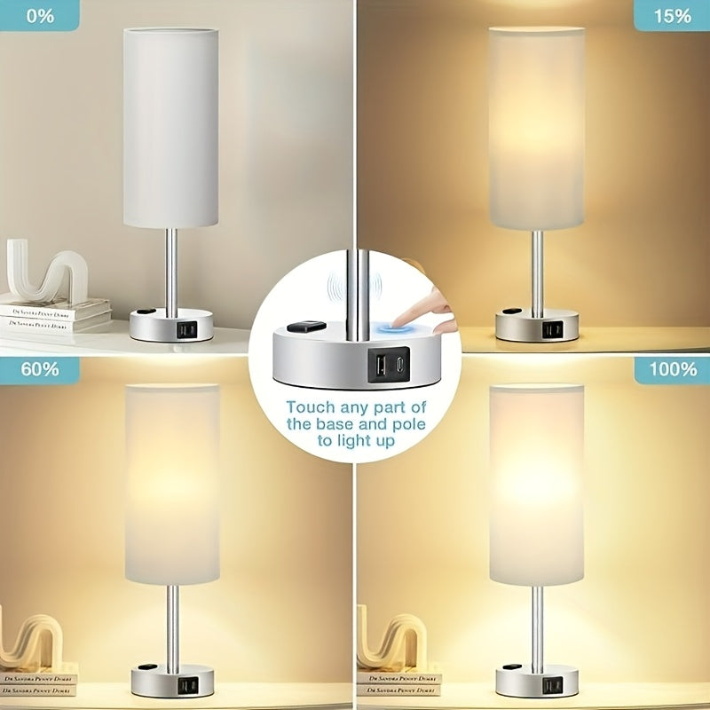 1\u002F2pcs Modern Bedside Table Lamp with Touch Control, 3-Way Dimmable, USB-C Charging Ports & AC Outlet