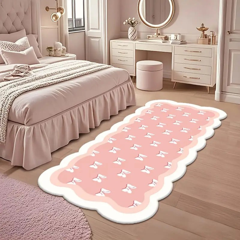1pc Extra Long Soft Plush Mat - Pastel Pink Floor Mat with Bow Accent, Large Irregular Shape Bedside Mat for Bedroom, Living Room