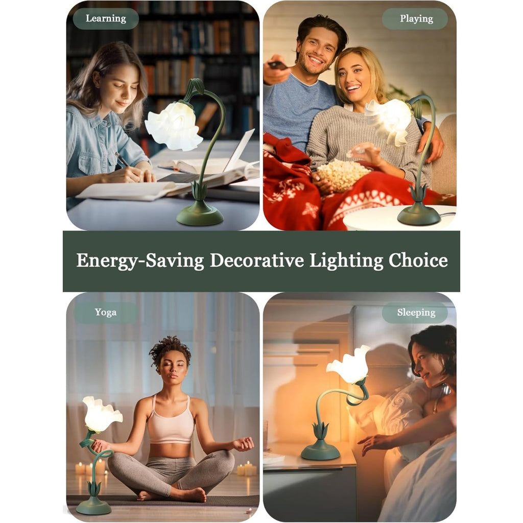 Vintage Modern Flower Table Lamp with LED Bedside Light - 3 Lighting Modes, Green Base & Soft Shade