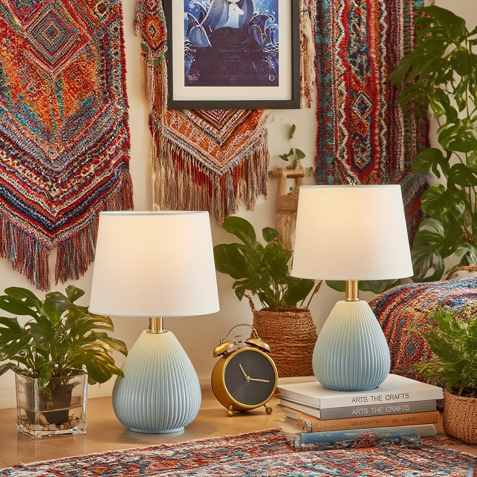 Set of 2 Contemporary Ceramic Table Lamps in Blue, Featuring Vertical Stripes, Each Measuring 15.5 Inches