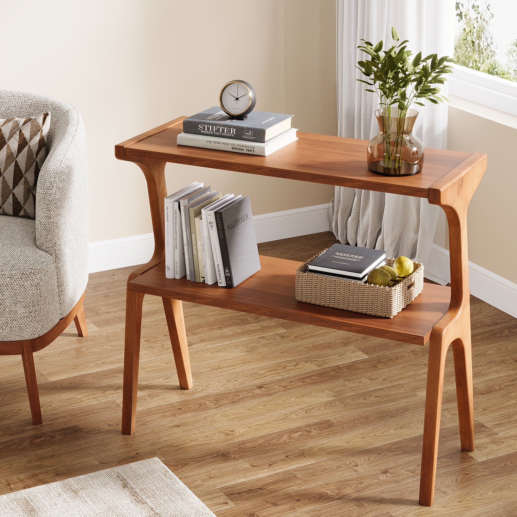 Modern Farmhouse End Table Modern Farmhouse 2-Tier End Table with Wood Legs and Storage Shelf - Narrow Long Bedside Table for Bedroom