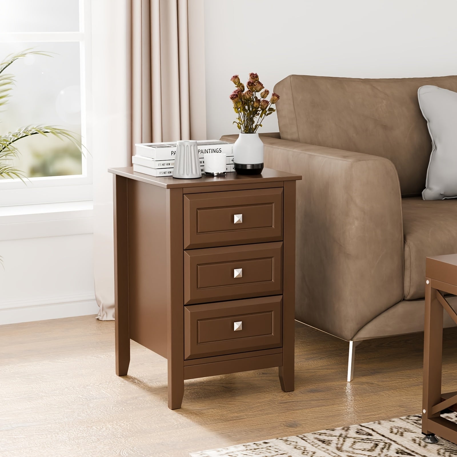 Bonnlo Modern Minimalist Nightstand - No Assembly Required Bedside Table with 3 Smooth-Gliding Drawers & Metal Knobs