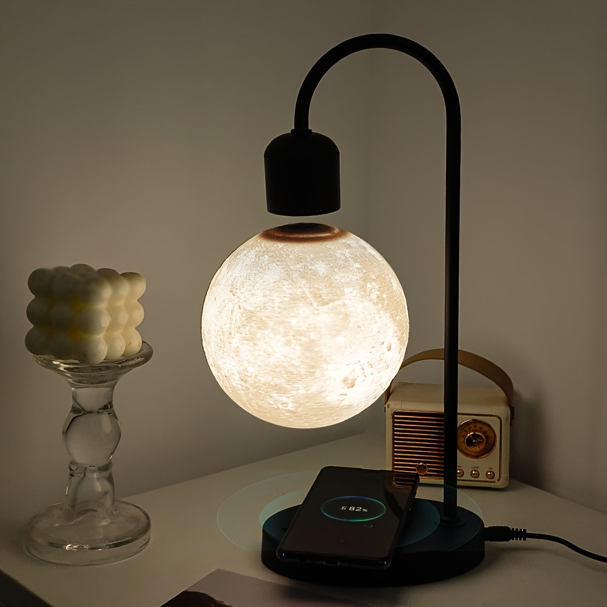 1pc Magnetic Floating Moon Lamp, Table Lamp, Desk Lamp, 15w Wireless Phone Charger, 3-color Adjustable
