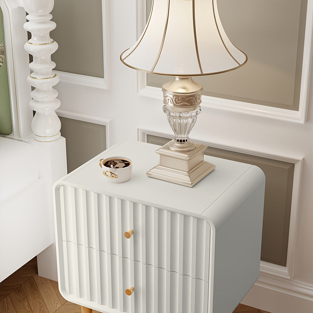 Modern Nightstand, Fluted Bed Side Table with 2 Drawers Storage, Wood End Table with Golden Metal Handle, Night Stands for Bedroom