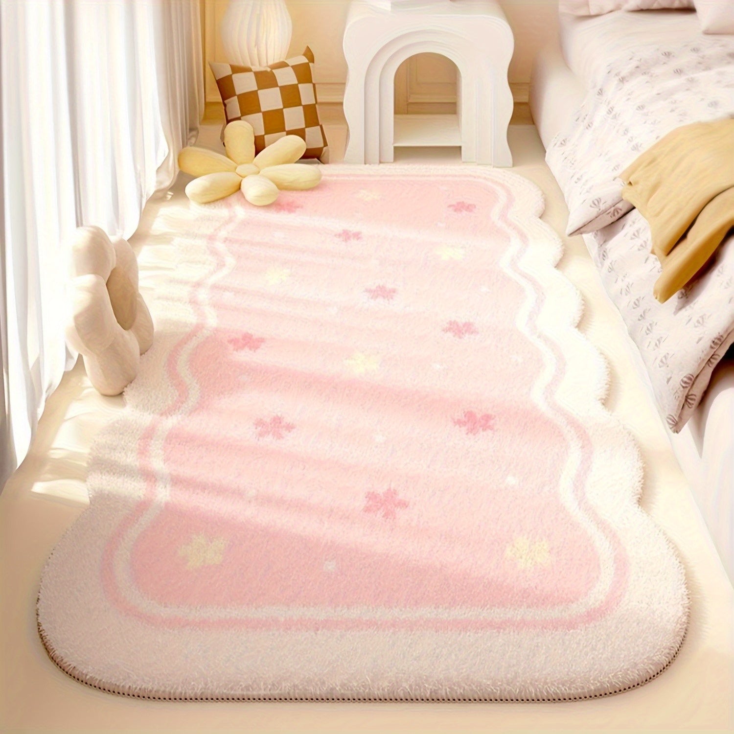1pc Plush Soft Pink Floral Area Mat - 10mm Thick, Non-Slip, Irregular Shape, Modern Simple Design for Bedroom
