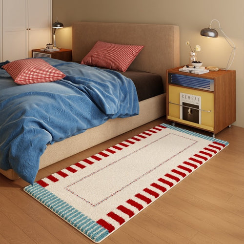 1pc Memphis Runner Mat - Extra Thick 10mm Plush Mat with Non-Slip Backing, Soft Beige, Red
