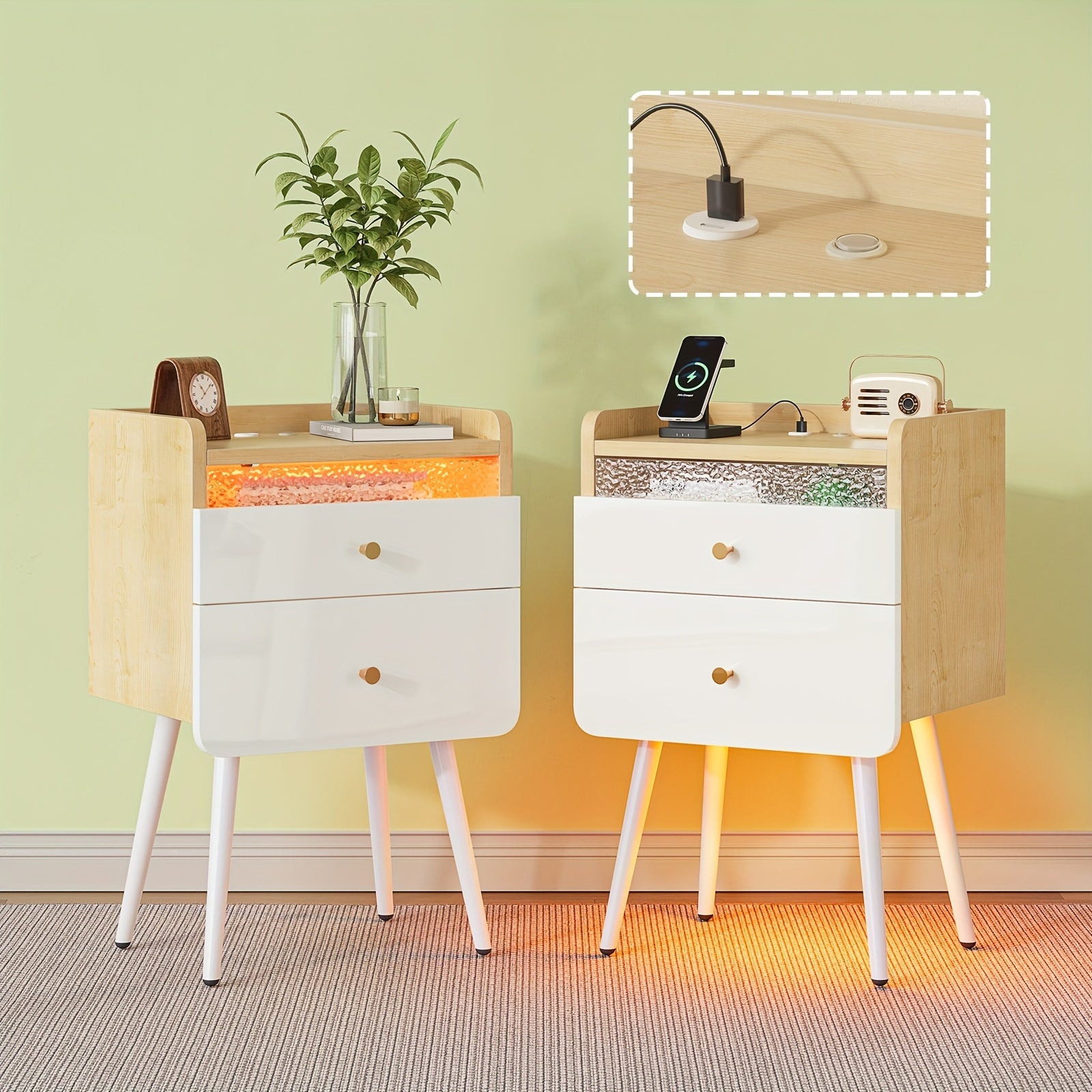 Pinmoco Set of 2 Nightstands with USB Charging Ports, Modern High Gloss Night Stand with LED Lights
